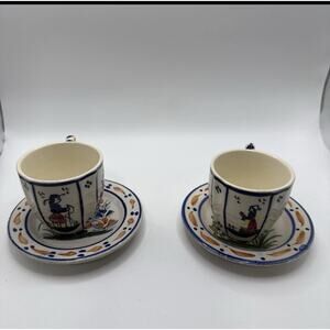 2- Vintage Very Rare Henriot Quimper 1984 France Teacup W/ Saucer Boy Painted